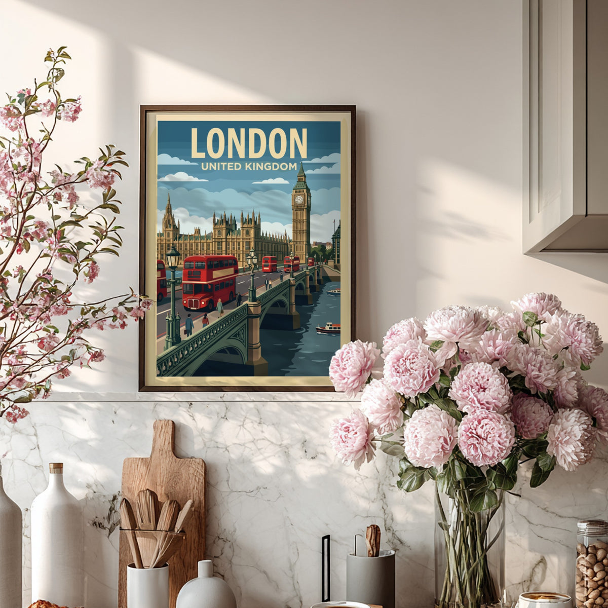 Poster featuring the London skyline with red buses crossing a bridge near Big Ben.