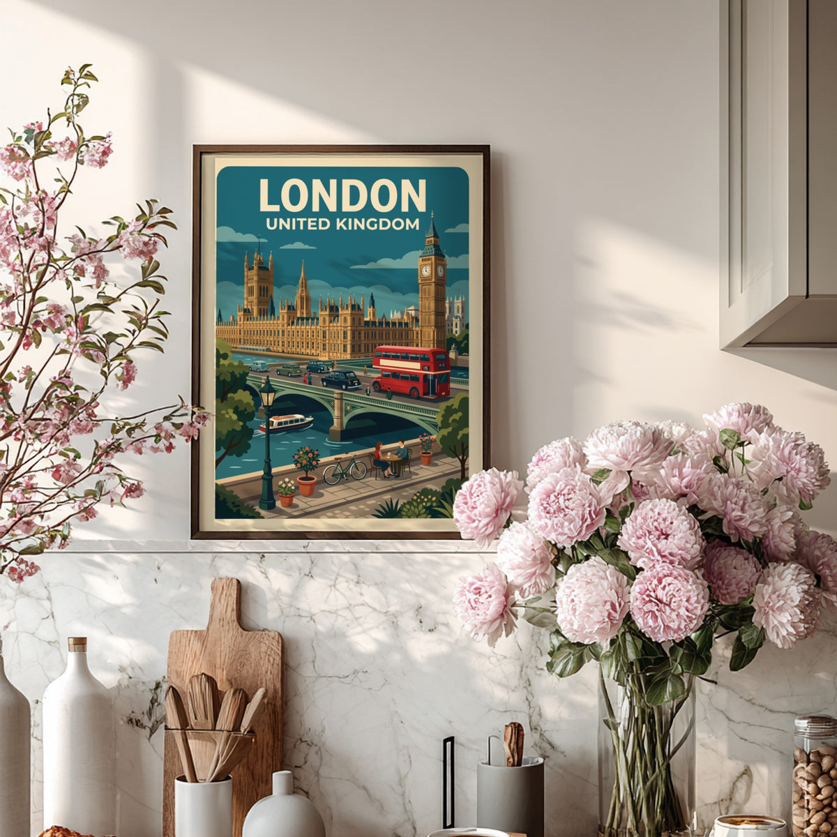London travel poster featuring Big Ben, the Houses of Parliament, and red bus.