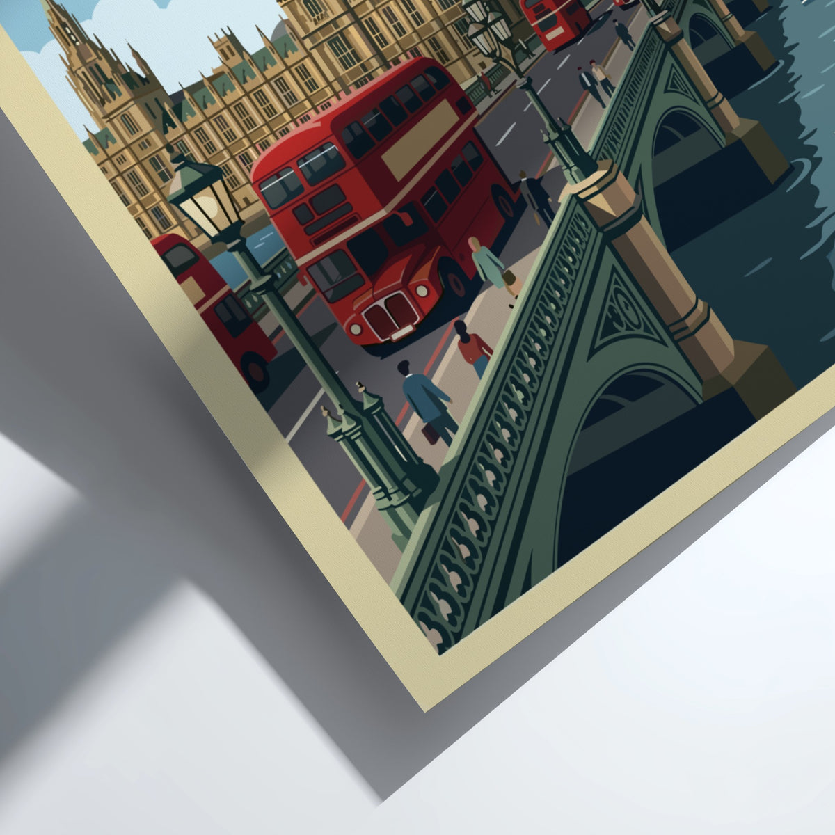 Poster featuring the London skyline with red buses crossing a bridge near Big Ben.