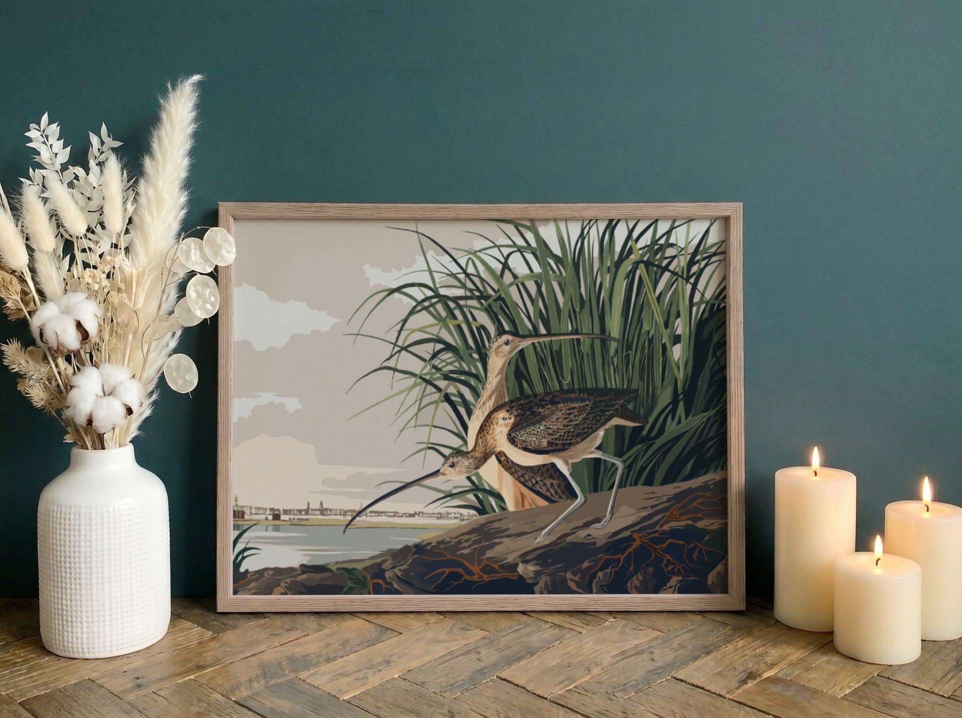 Long-billed Curlew art poster featuring a detailed bird illustration in natural colors, ideal for nature