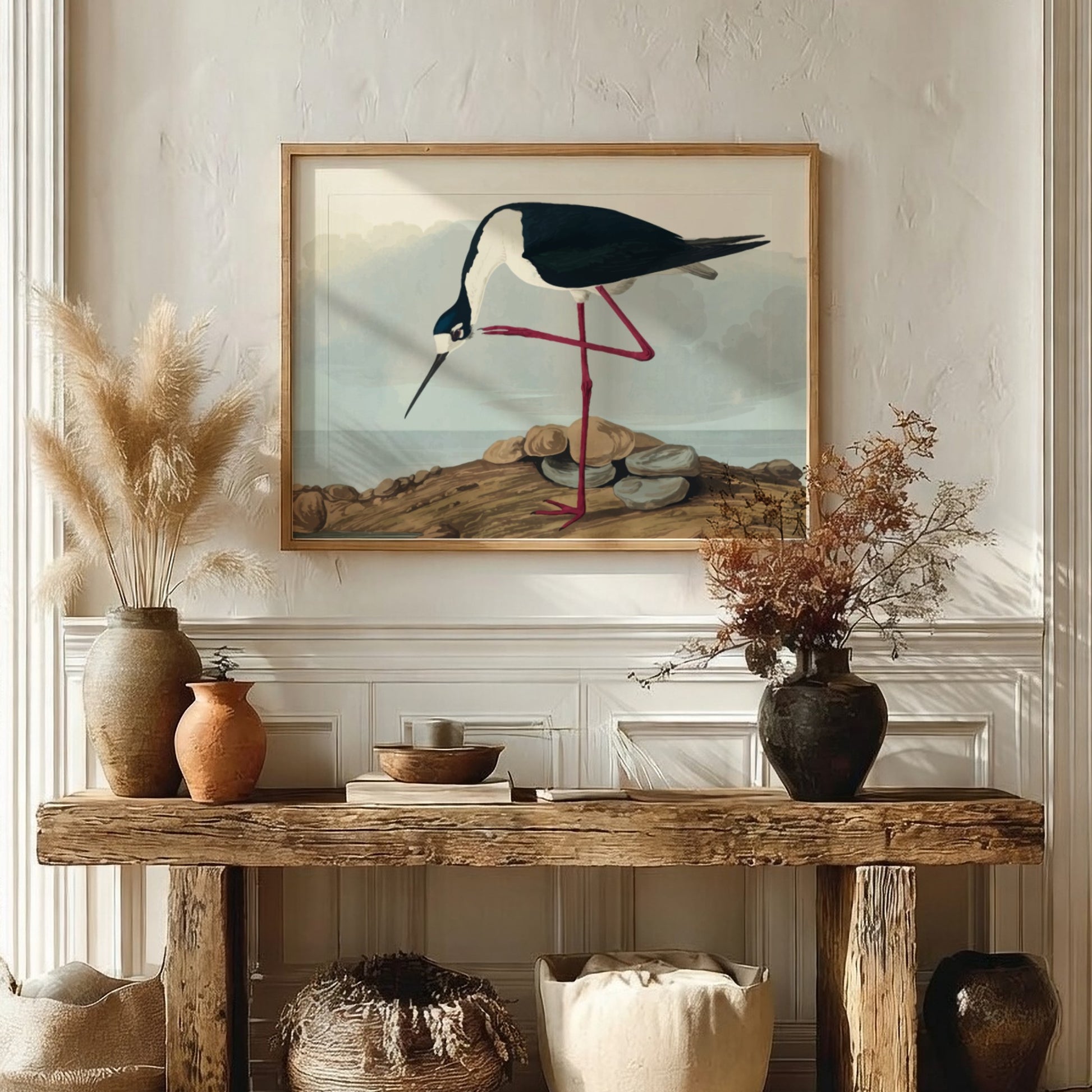 Long-legged avocet art poster featuring black and white bird illustration, nature theme, soft colors, Audubon