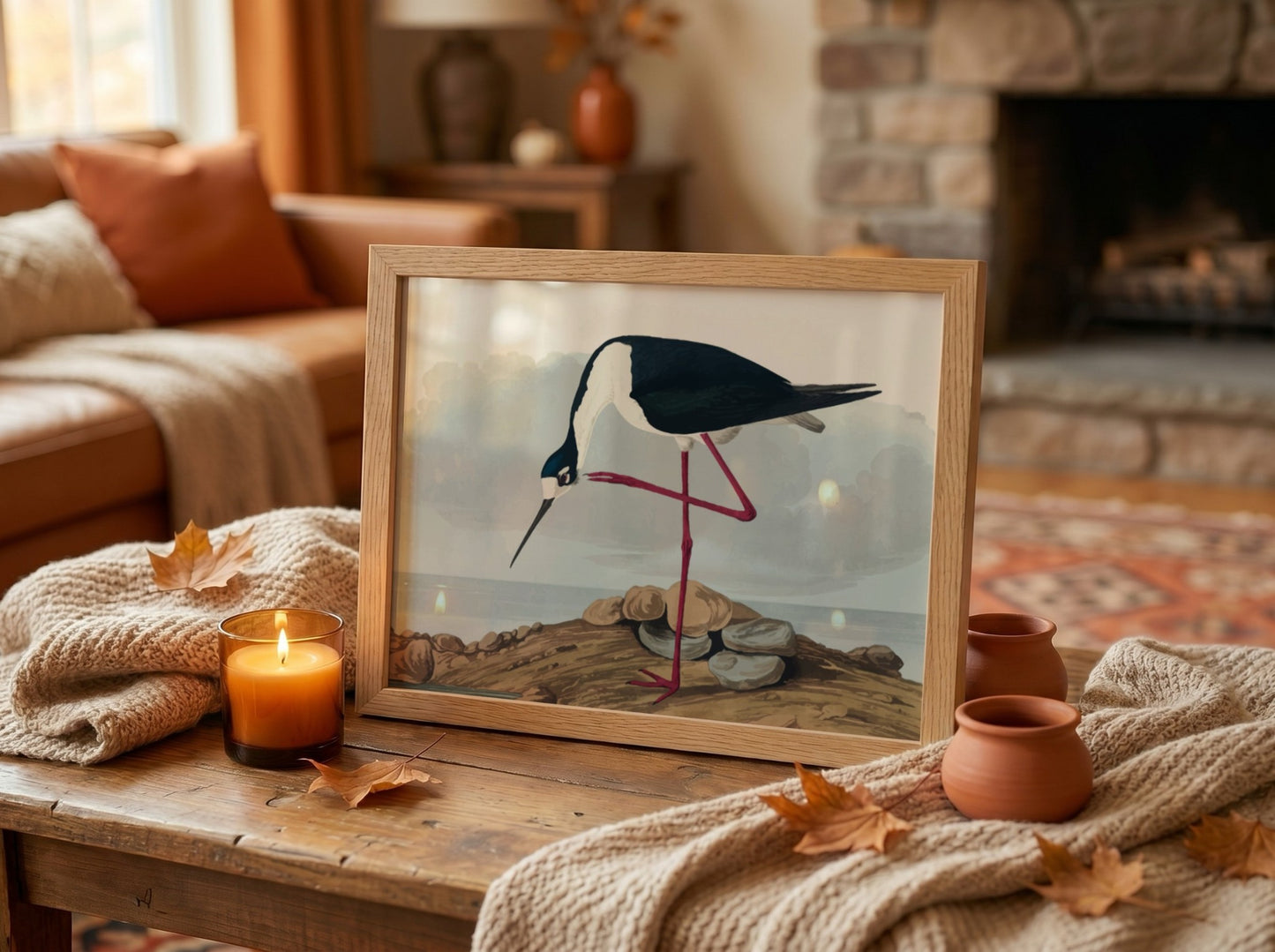 Long-legged avocet art poster featuring black and white bird illustration, nature theme, soft colors, Audubon