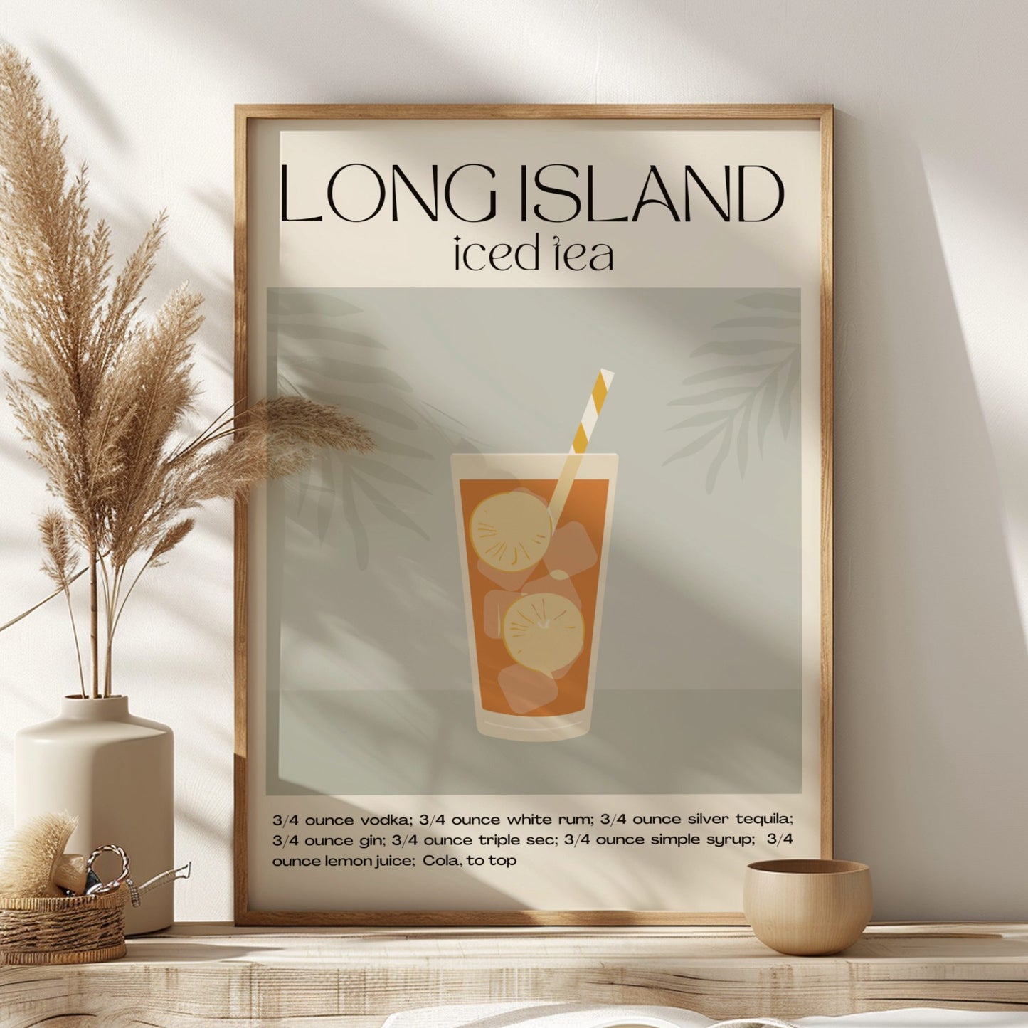 Framed poster of a Long Island iced tea recipe on a wall with decorative elements.