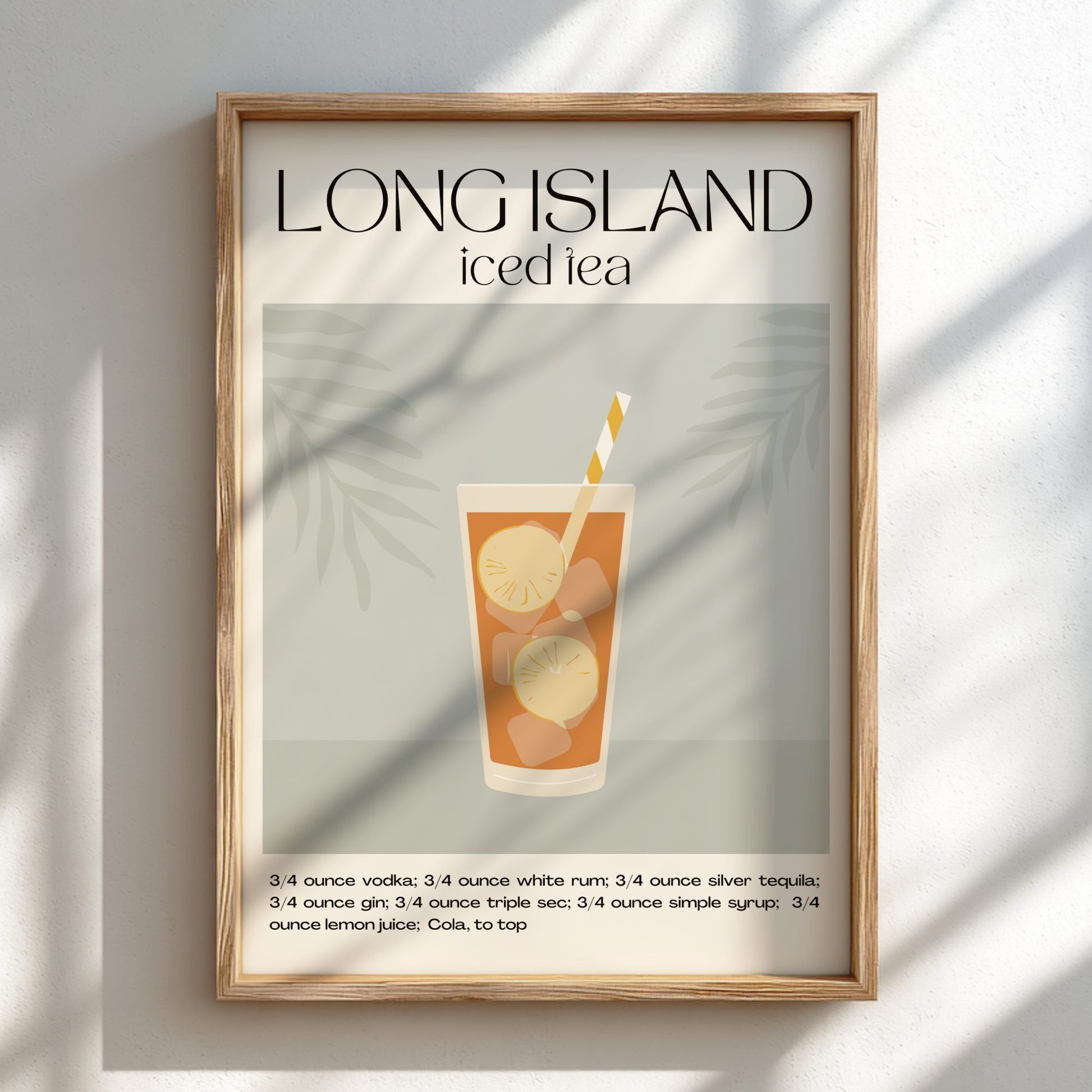 Framed poster of a Long Island iced tea recipe with a drink illustration on a light background.