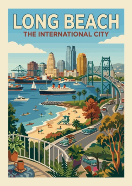 Retro Long Beach skyline poster with harbor, Queen Mary, and bridge in a warm, coastal color palette.