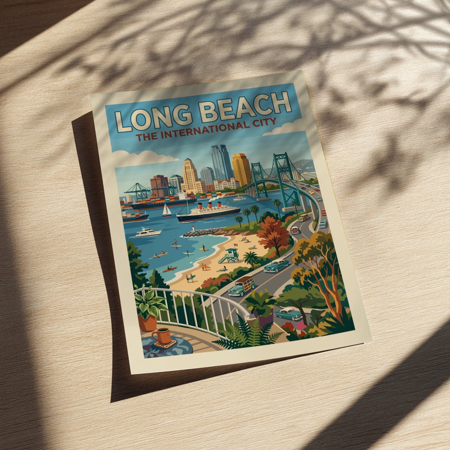 Retro Long Beach skyline poster with harbor, Queen Mary, and bridge in a warm, coastal color palette.
