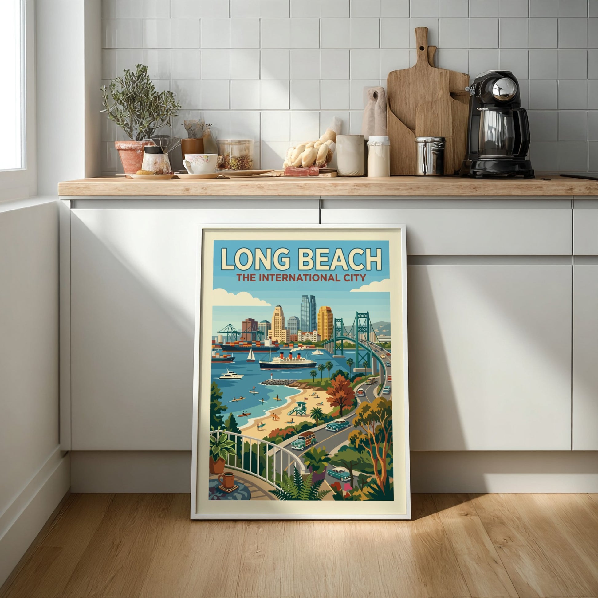 Retro Long Beach skyline poster with harbor, Queen Mary, and bridge in a warm, coastal color palette.