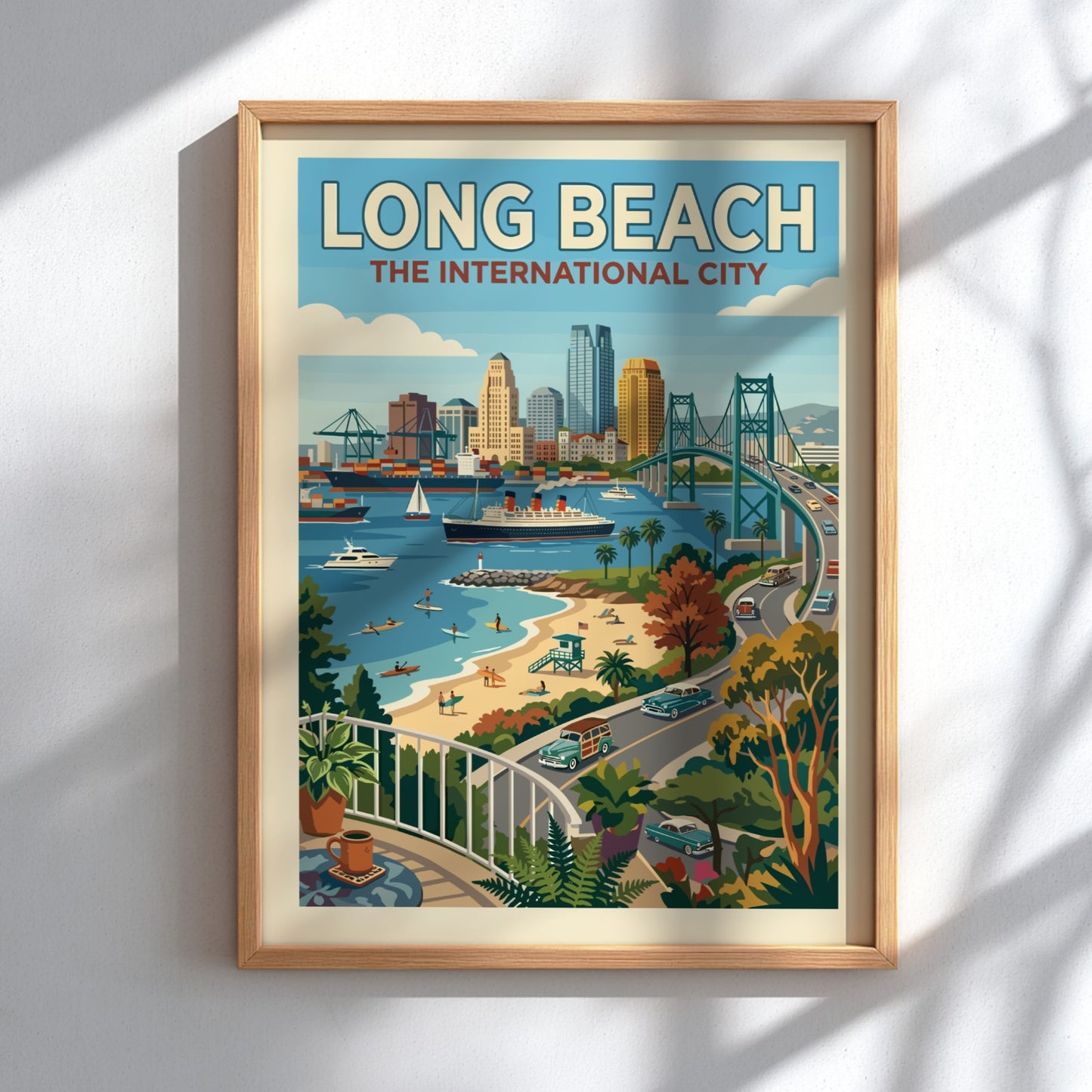 Retro Long Beach skyline poster with harbor, Queen Mary, and bridge in a warm, coastal color palette.
