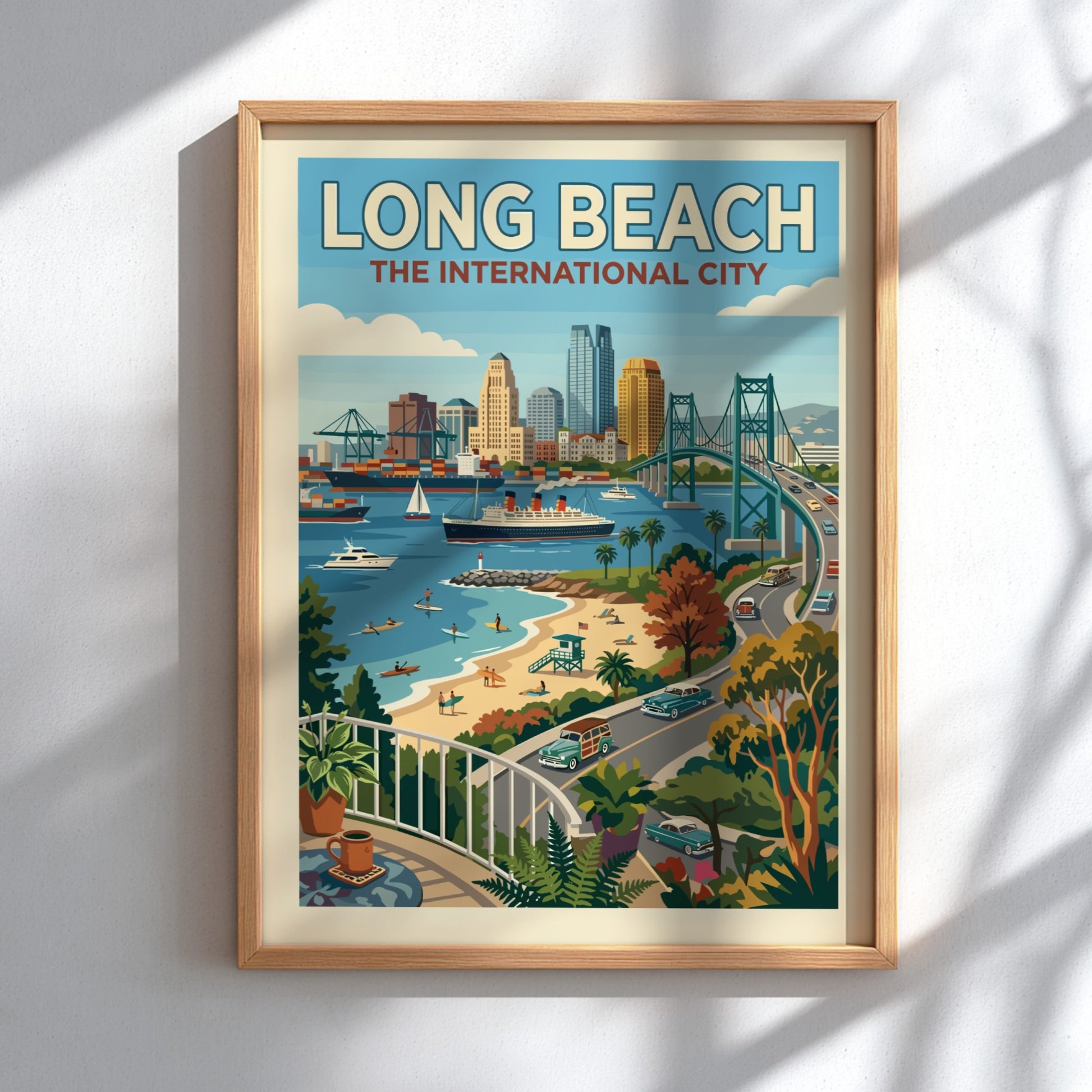 Retro Long Beach skyline poster with harbor, Queen Mary, and bridge in a warm, coastal color palette.