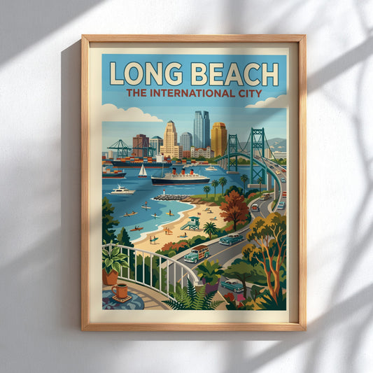 Retro Long Beach skyline poster with harbor, Queen Mary, and bridge in a warm, coastal color palette.