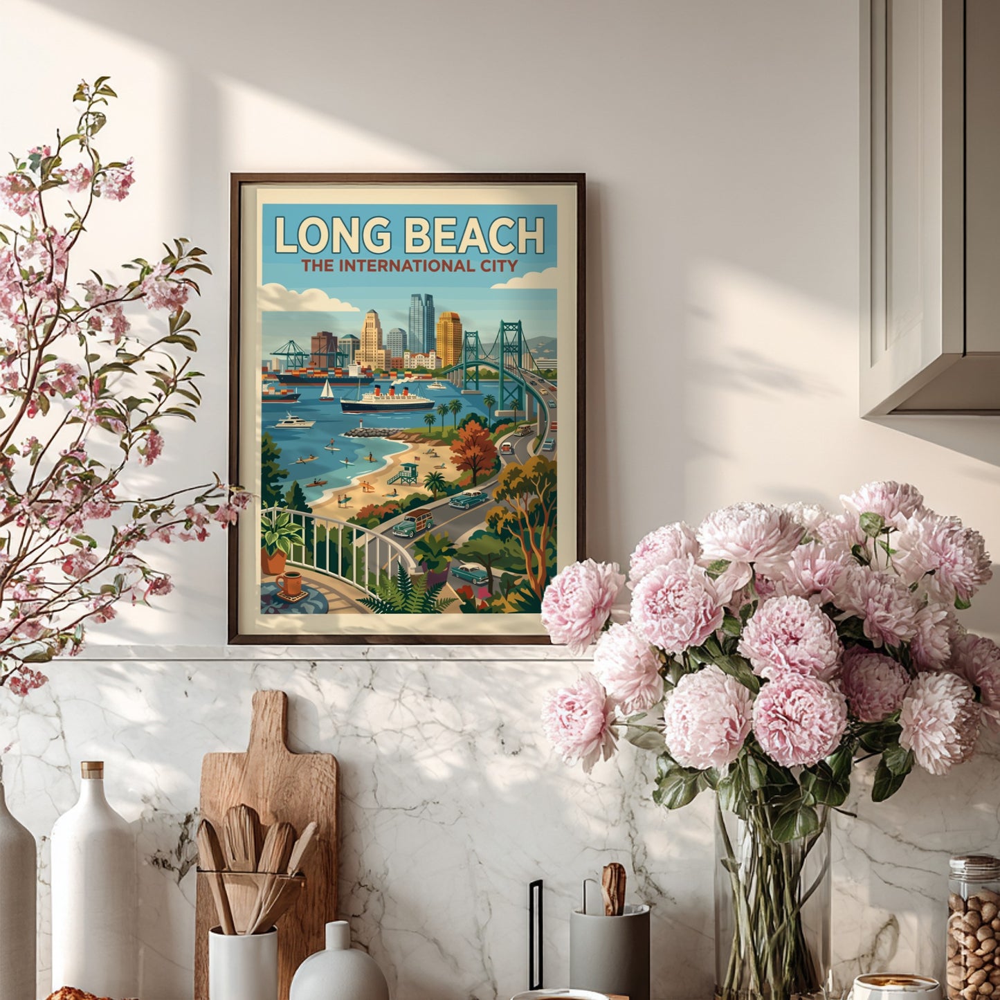 Retro Long Beach skyline poster with harbor, Queen Mary, and bridge in a warm, coastal color palette.