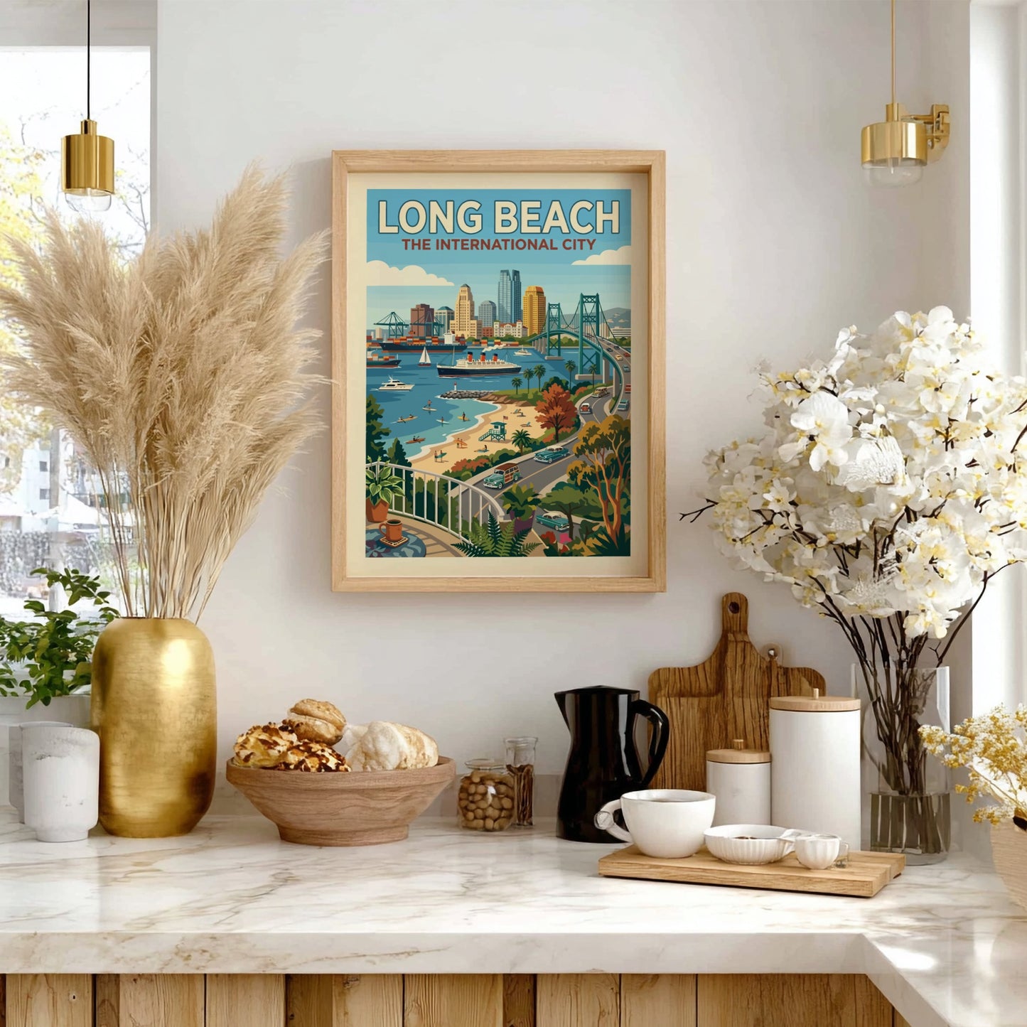 Retro Long Beach skyline poster with harbor, Queen Mary, and bridge in a warm, coastal color palette.