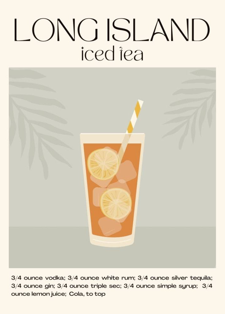 Illustration of a Long Island Iced Tea with ingredients listed on a light gray background