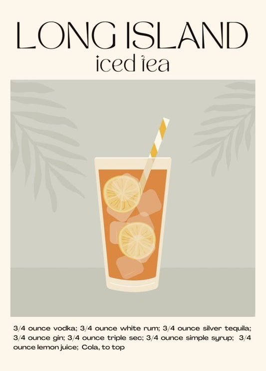 Illustration of a Long Island Iced Tea with ingredients listed on a light gray background