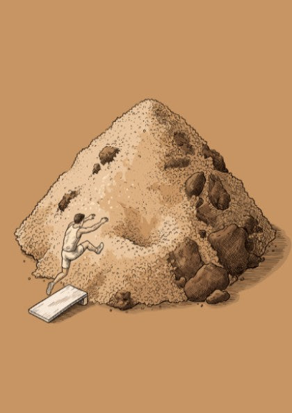 Poster featuring an athlete jumping from a board into a pile of brown sugar