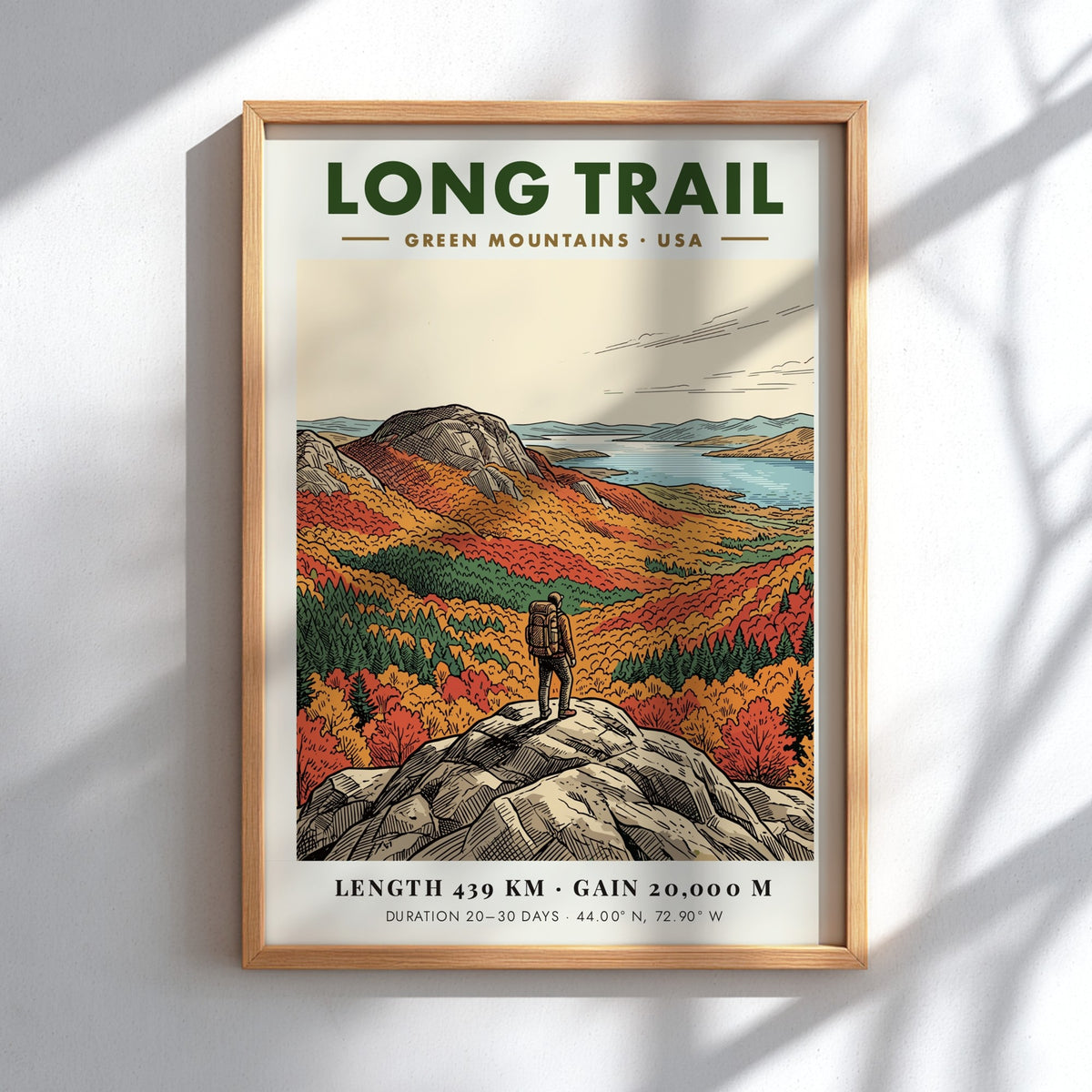 Hiking poster of the Long Trail in the Green Mountains with autumn trees.