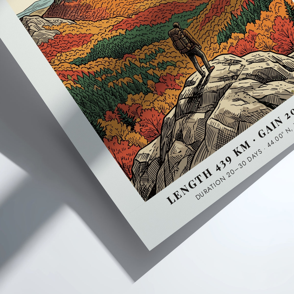 Hiking poster of the Long Trail in the Green Mountains with autumn trees.
