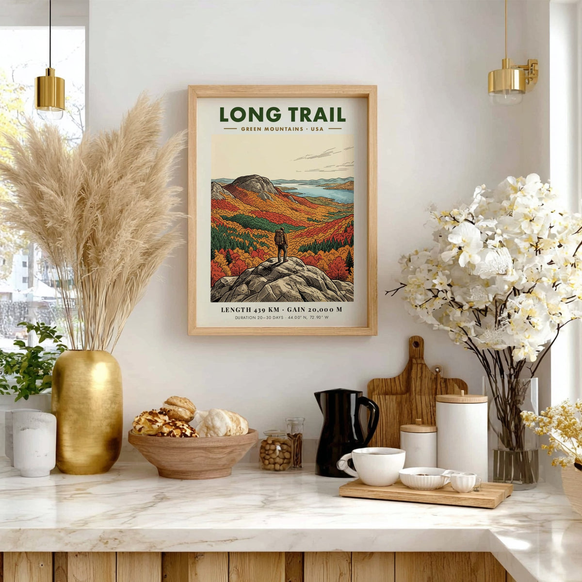 Hiking poster of the Long Trail in the Green Mountains with autumn trees.
