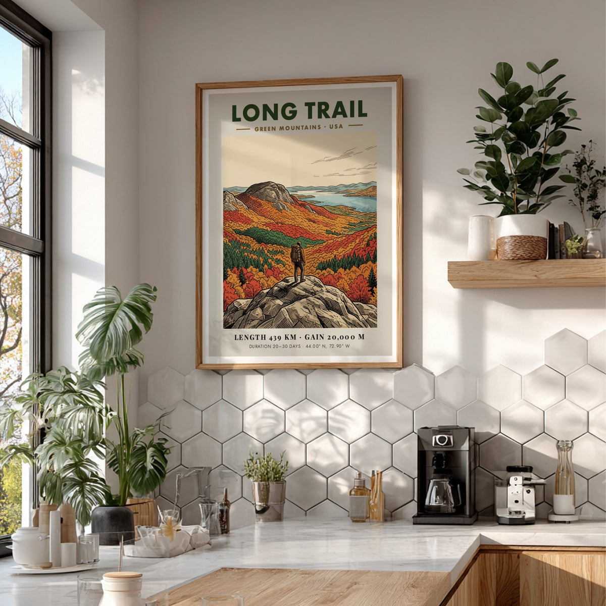 Hiking poster of the Long Trail in the Green Mountains with autumn trees.