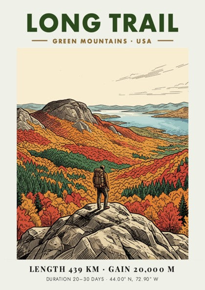 Hiking poster of the Long Trail in the Green Mountains with autumn trees.