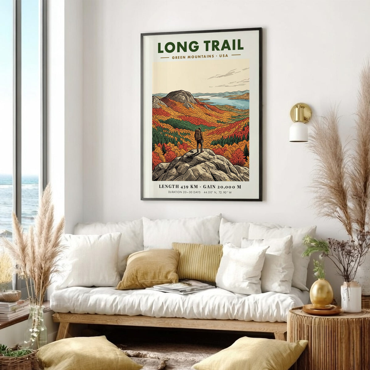 Hiking poster of the Long Trail in the Green Mountains with autumn trees.