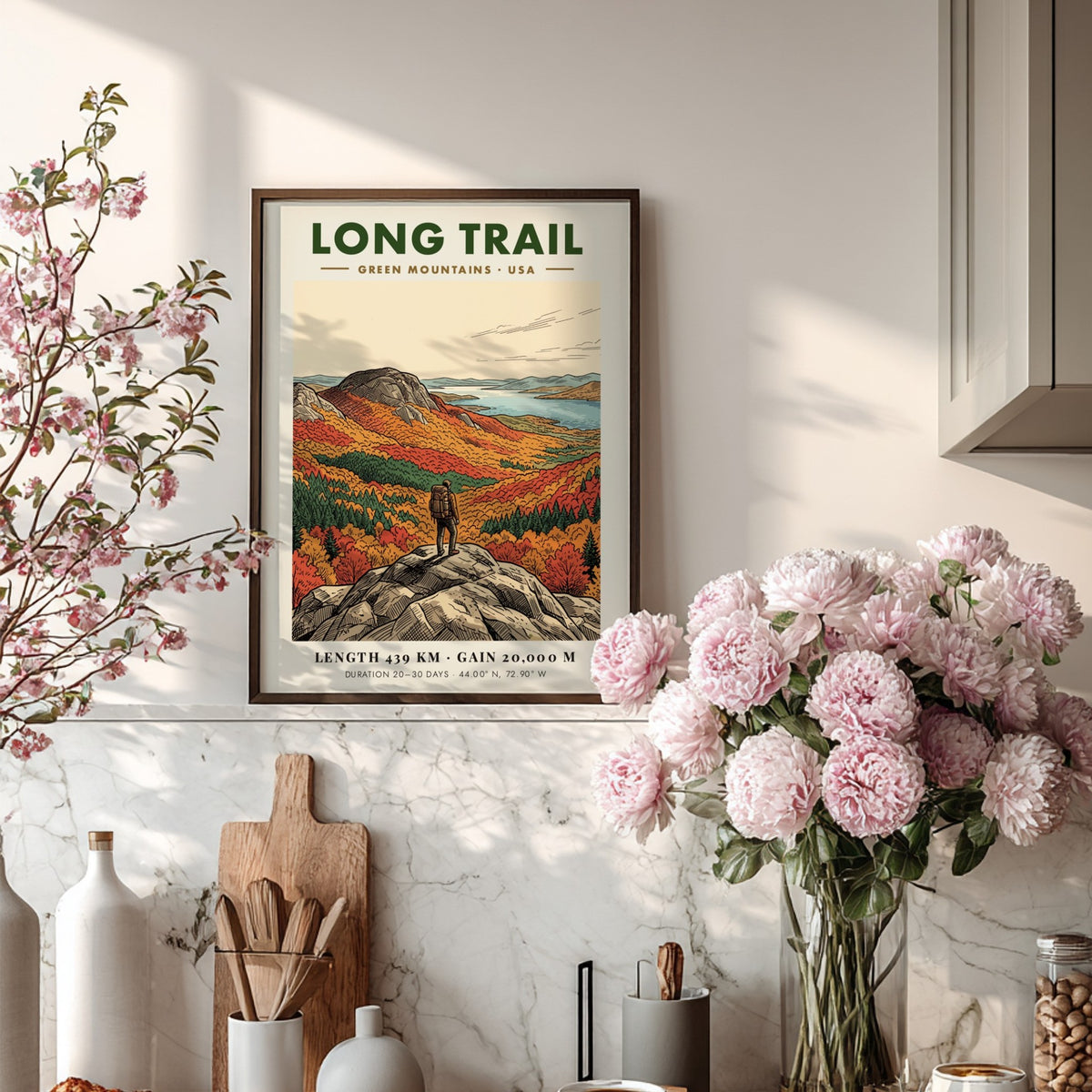 Hiking poster of the Long Trail in the Green Mountains with autumn trees.