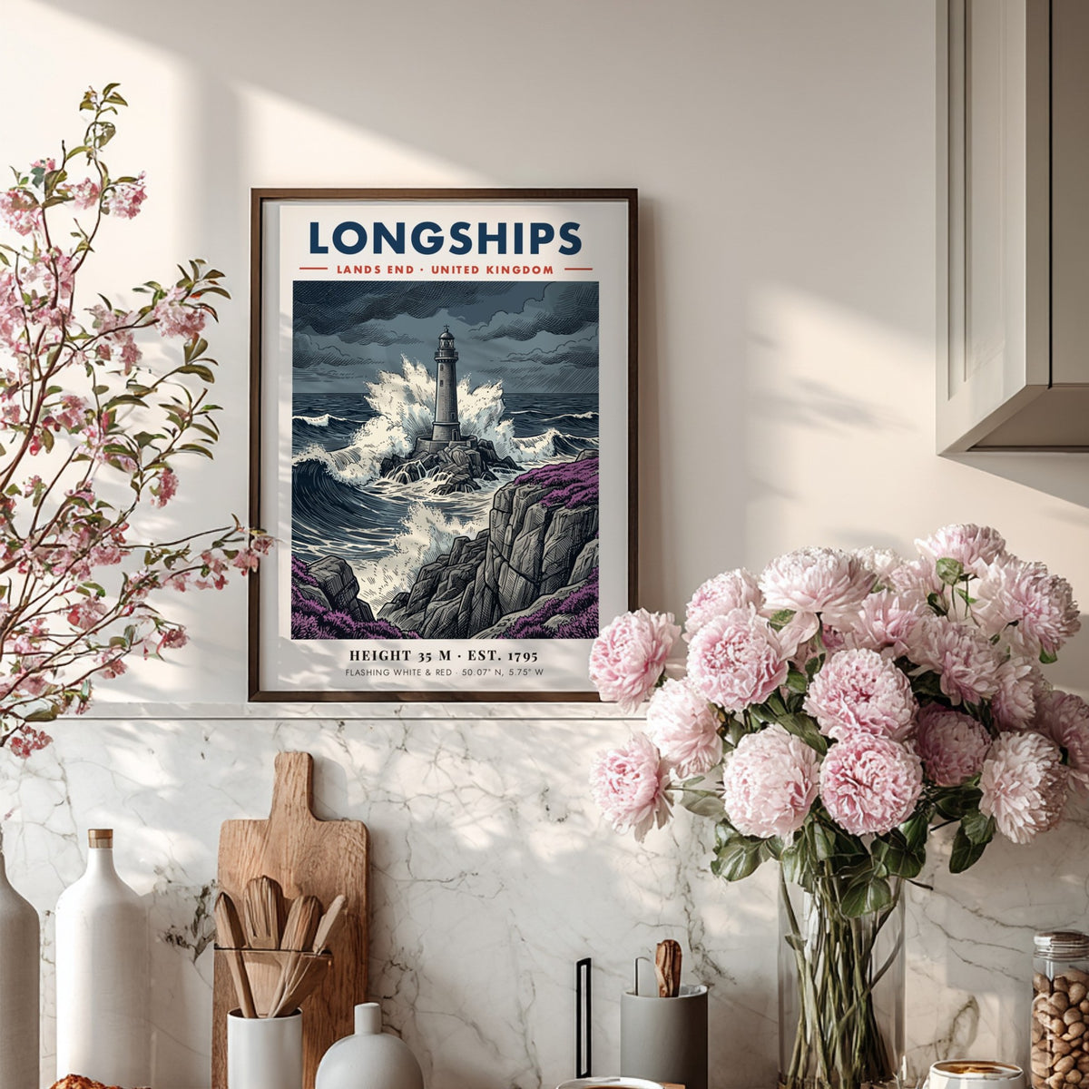 Poster of Longships lighthouse at Lands End with crashing blue waves and purple heather