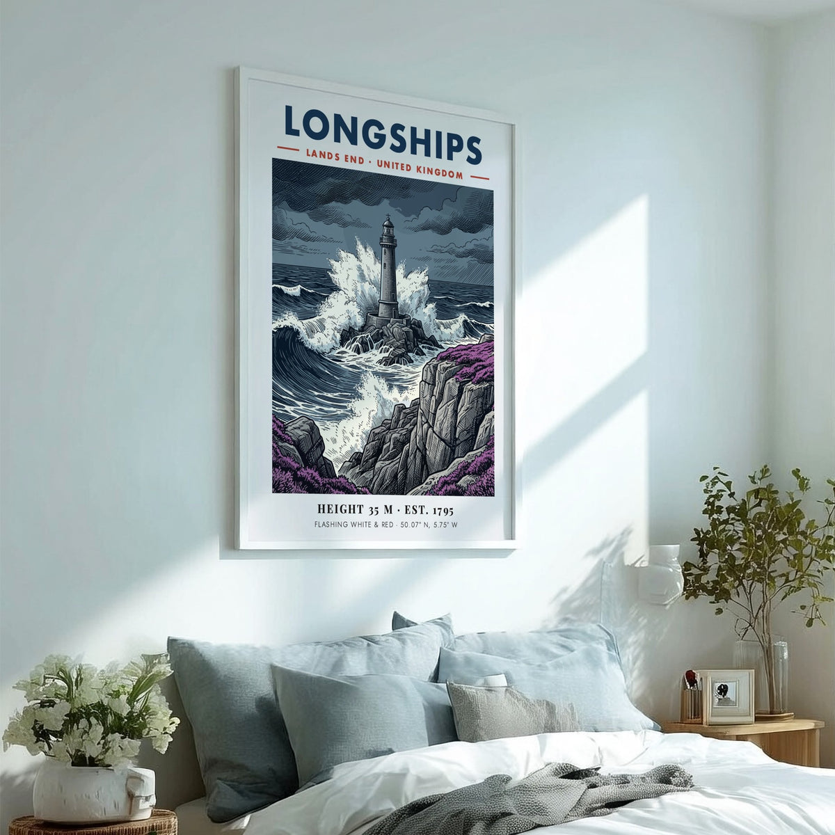 Poster of Longships lighthouse at Lands End with crashing blue waves and purple heather