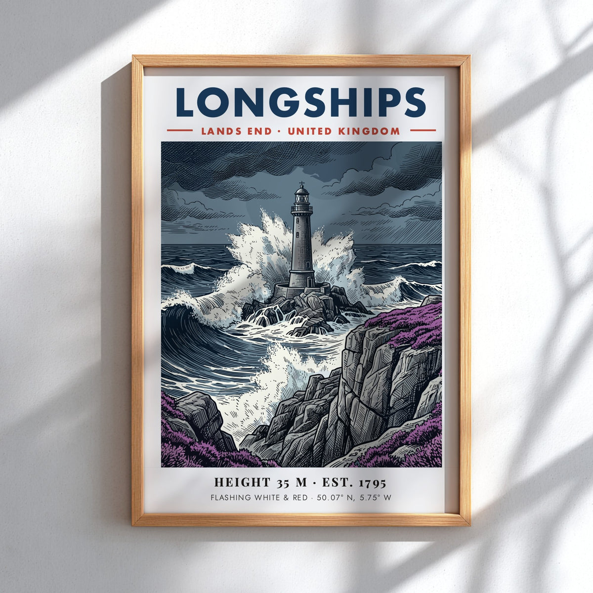 Poster of Longships lighthouse at Lands End with crashing blue waves and purple heather