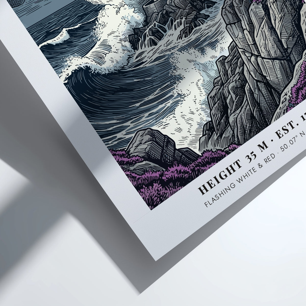 Poster of Longships lighthouse at Lands End with crashing blue waves and purple heather