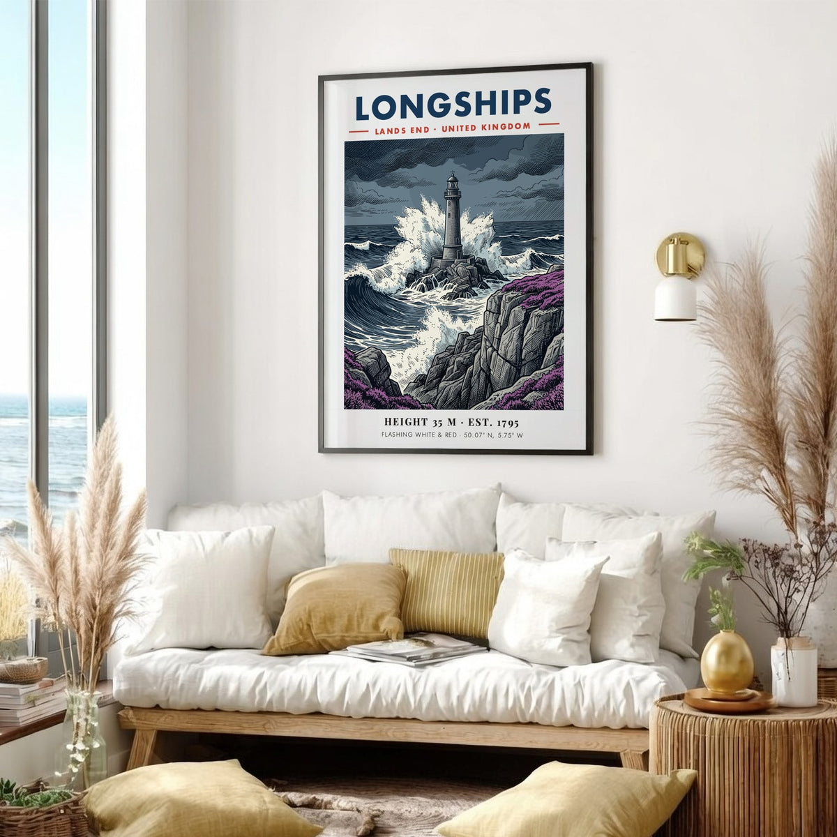 Poster of Longships lighthouse at Lands End with crashing blue waves and purple heather