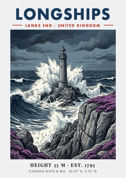 Poster of Longships lighthouse at Lands End with crashing blue waves and purple heather