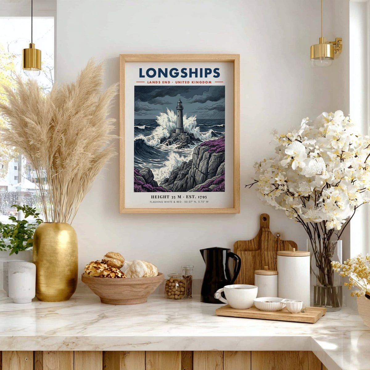 Poster of Longships lighthouse at Lands End with crashing blue waves and purple heather
