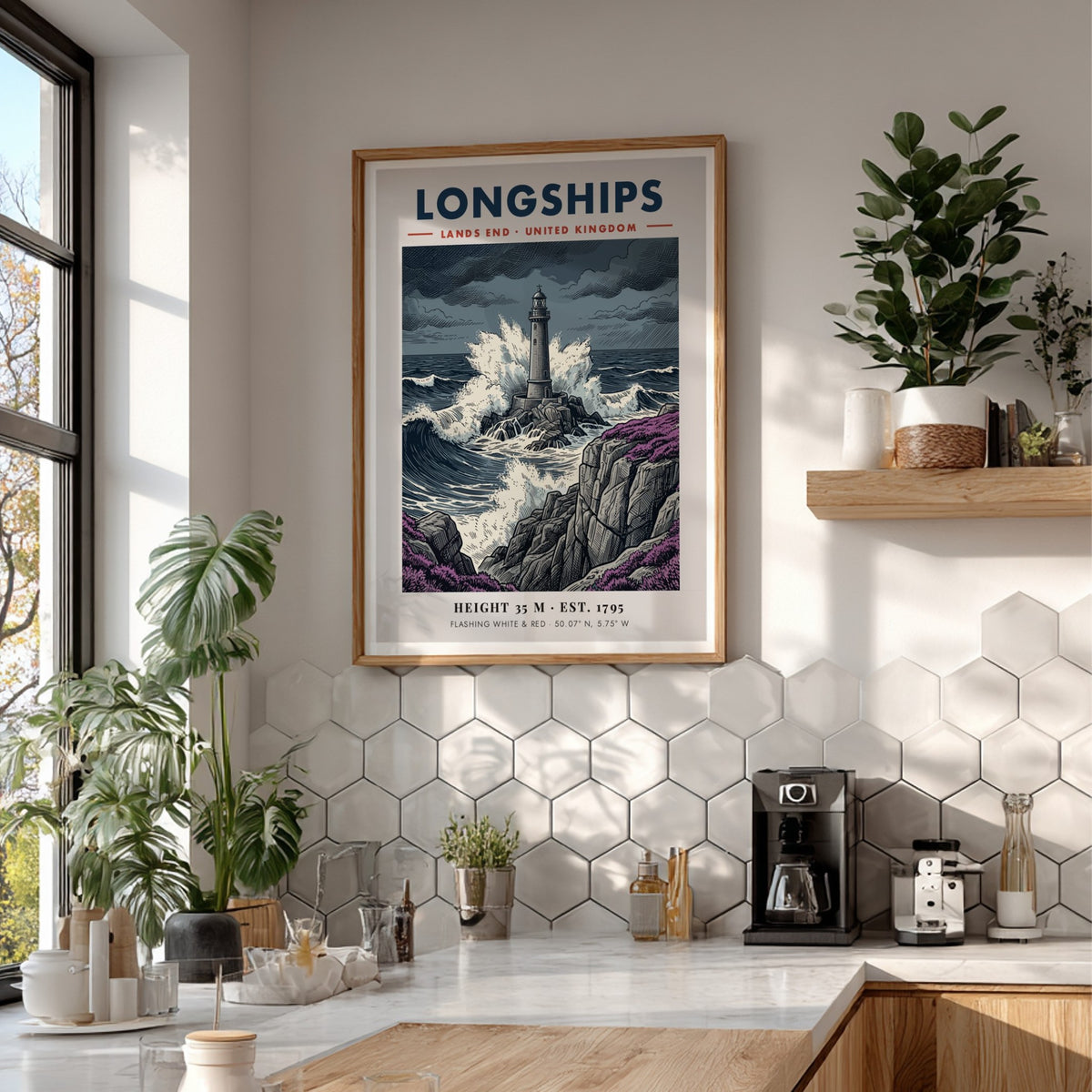 Poster of Longships lighthouse at Lands End with crashing blue waves and purple heather