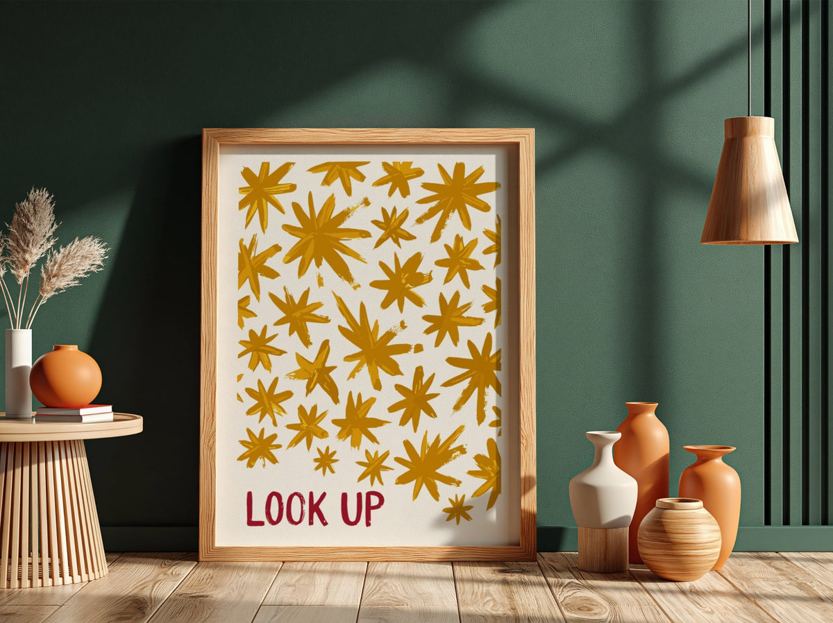 Motivational poster featuring hand-painted golden stars and the red text Look Up above.
