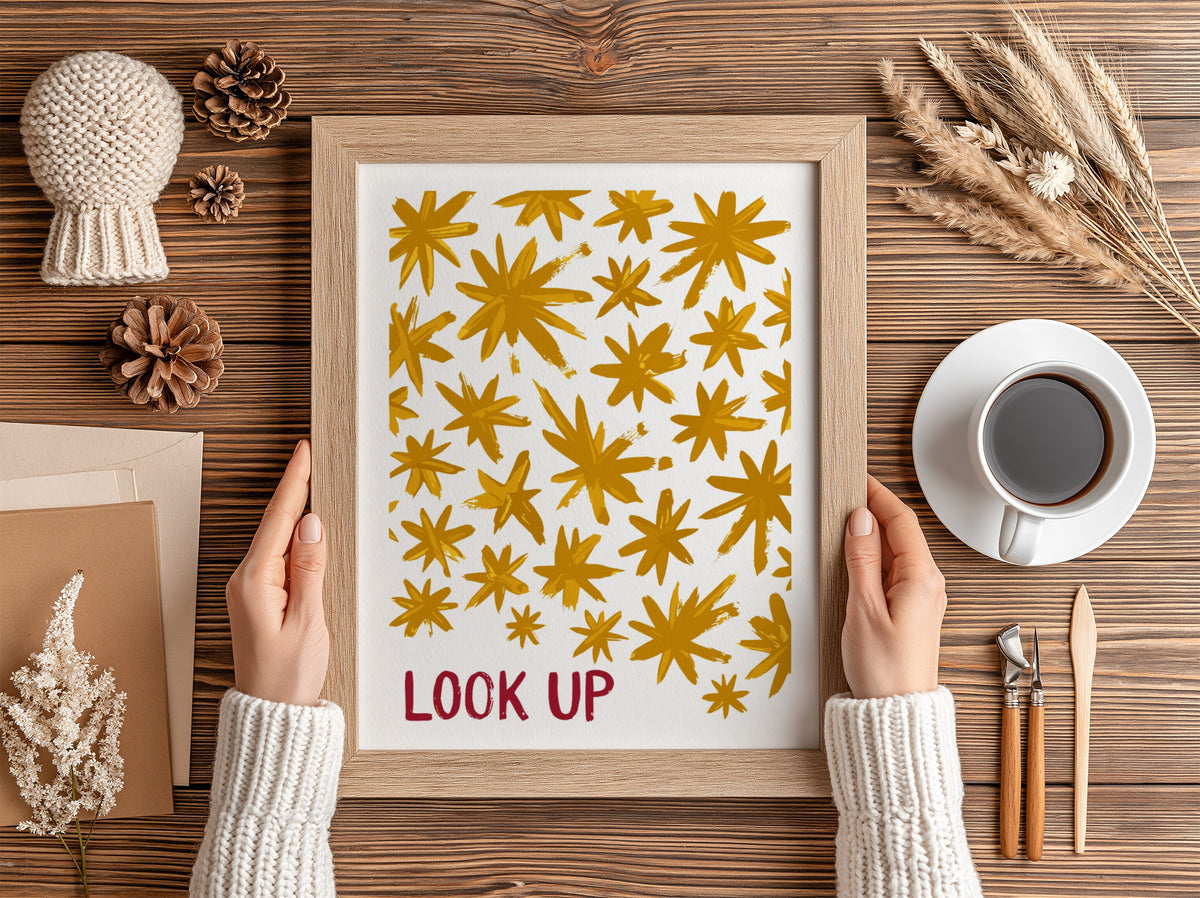 Motivational poster featuring hand-painted golden stars and the red text Look Up above.