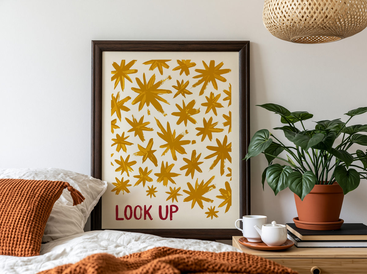 Motivational poster featuring hand-painted golden stars and the red text Look Up above.