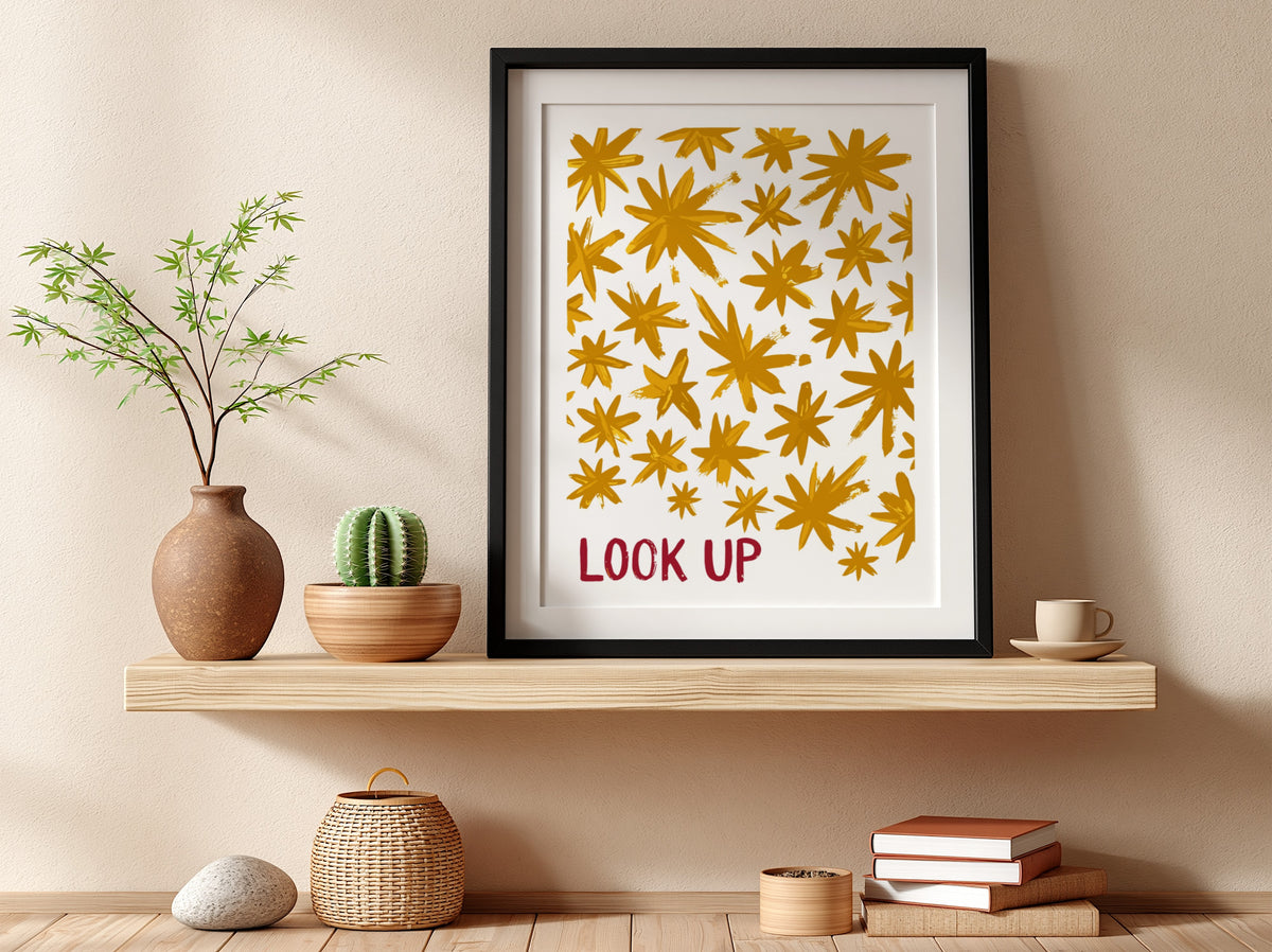Motivational poster featuring hand-painted golden stars and the red text Look Up above.