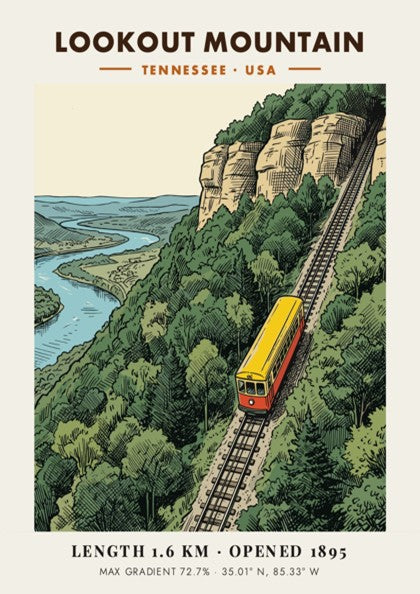 Poster of the historic Lookout Mountain incline railway climbing a steep Tennessee mountain ridge.