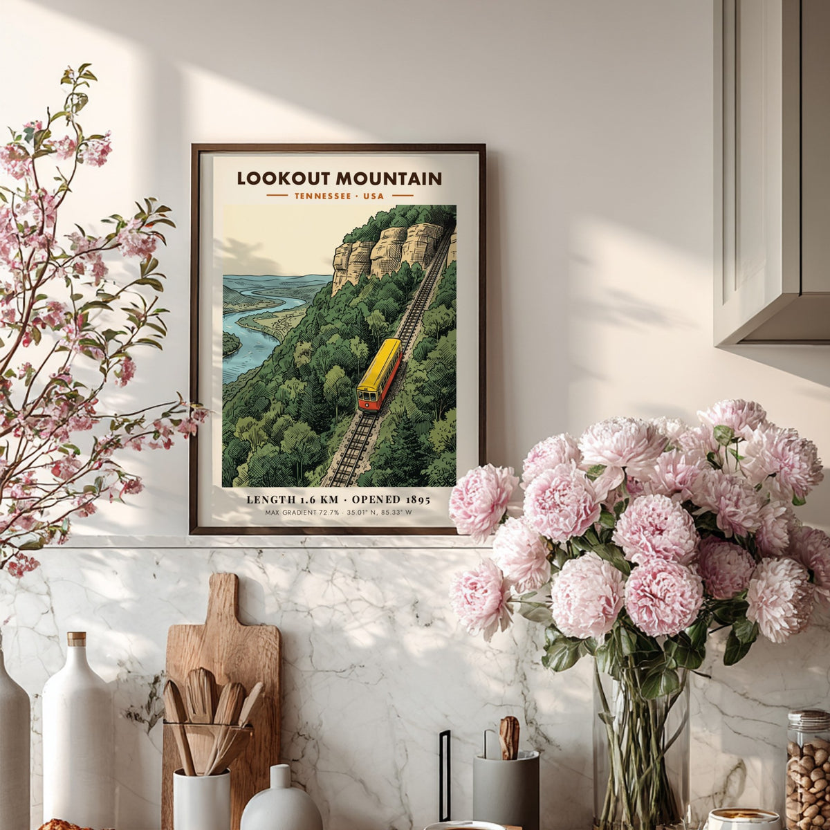 Poster of the historic Lookout Mountain incline railway climbing a steep Tennessee mountain ridge.