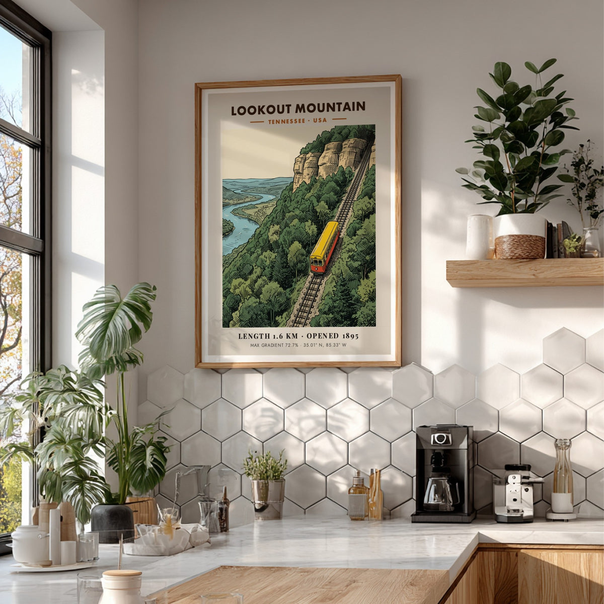Poster of the historic Lookout Mountain incline railway climbing a steep Tennessee mountain ridge.