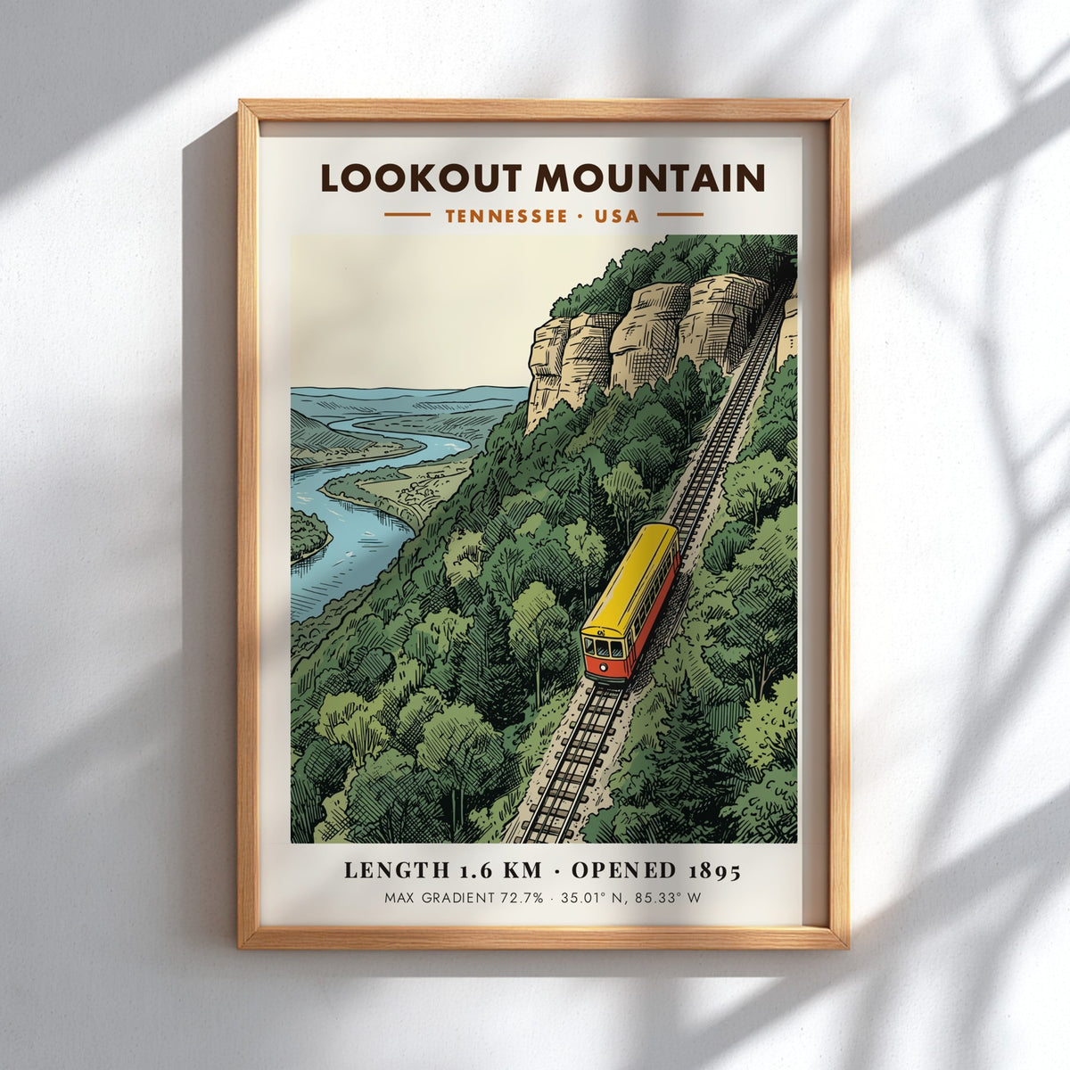Poster of the historic Lookout Mountain incline railway climbing a steep Tennessee mountain ridge.