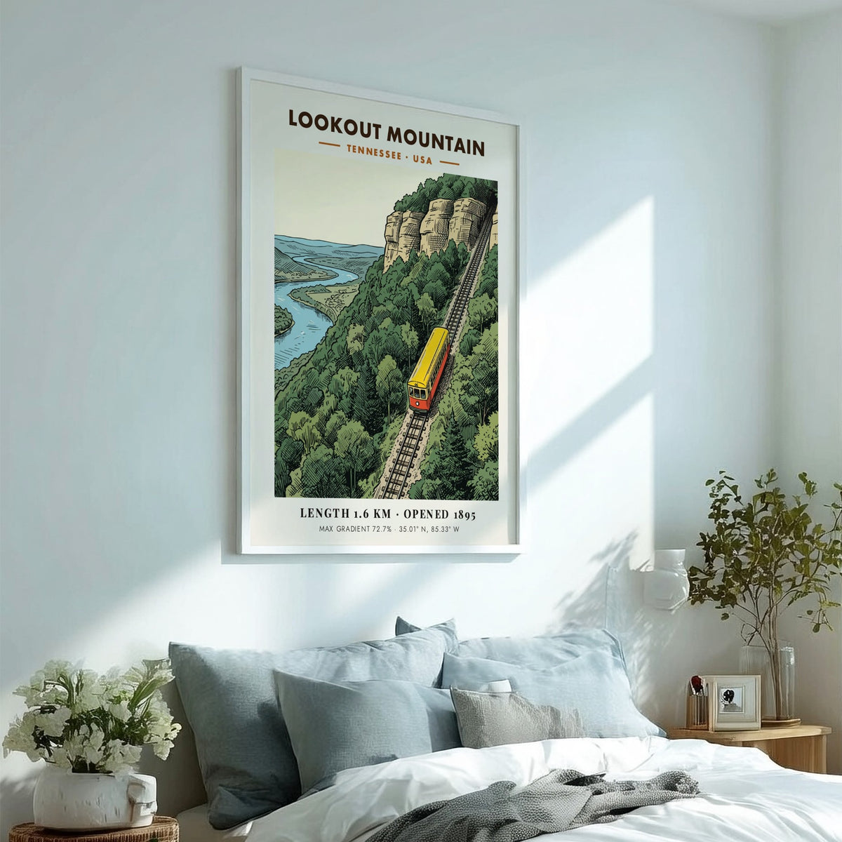 Poster of the historic Lookout Mountain incline railway climbing a steep Tennessee mountain ridge.