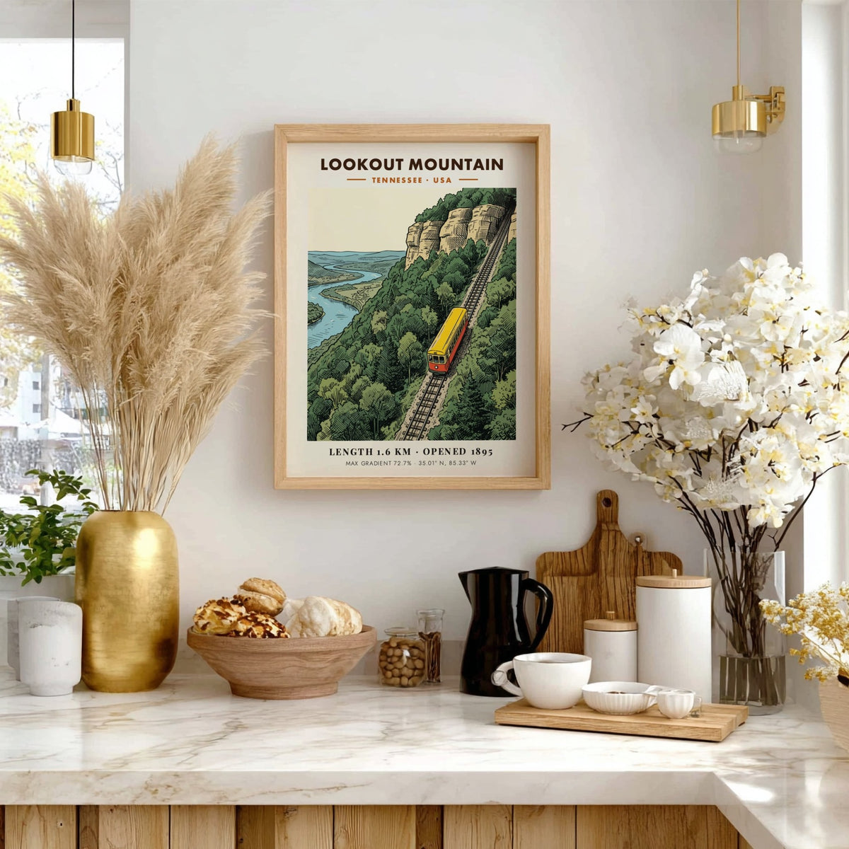 Poster of the historic Lookout Mountain incline railway climbing a steep Tennessee mountain ridge.