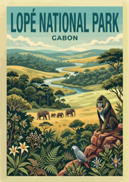 Lopé National Park poster featuring elephants, baboon, and lush greenery in vintage style