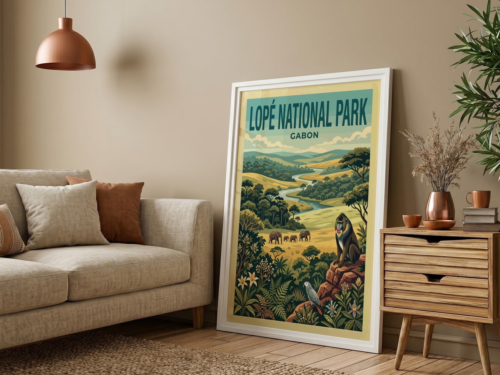 Lopé National Park poster featuring elephants, baboon, and lush greenery in vintage style