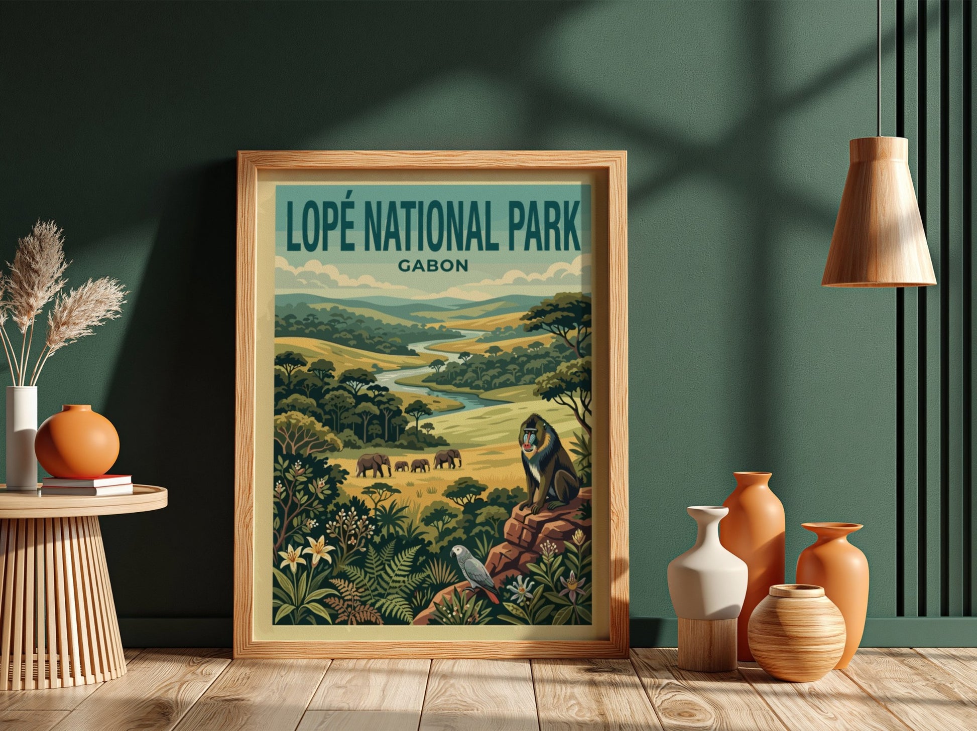 Lopé National Park poster featuring elephants, baboon, and lush greenery in vintage style