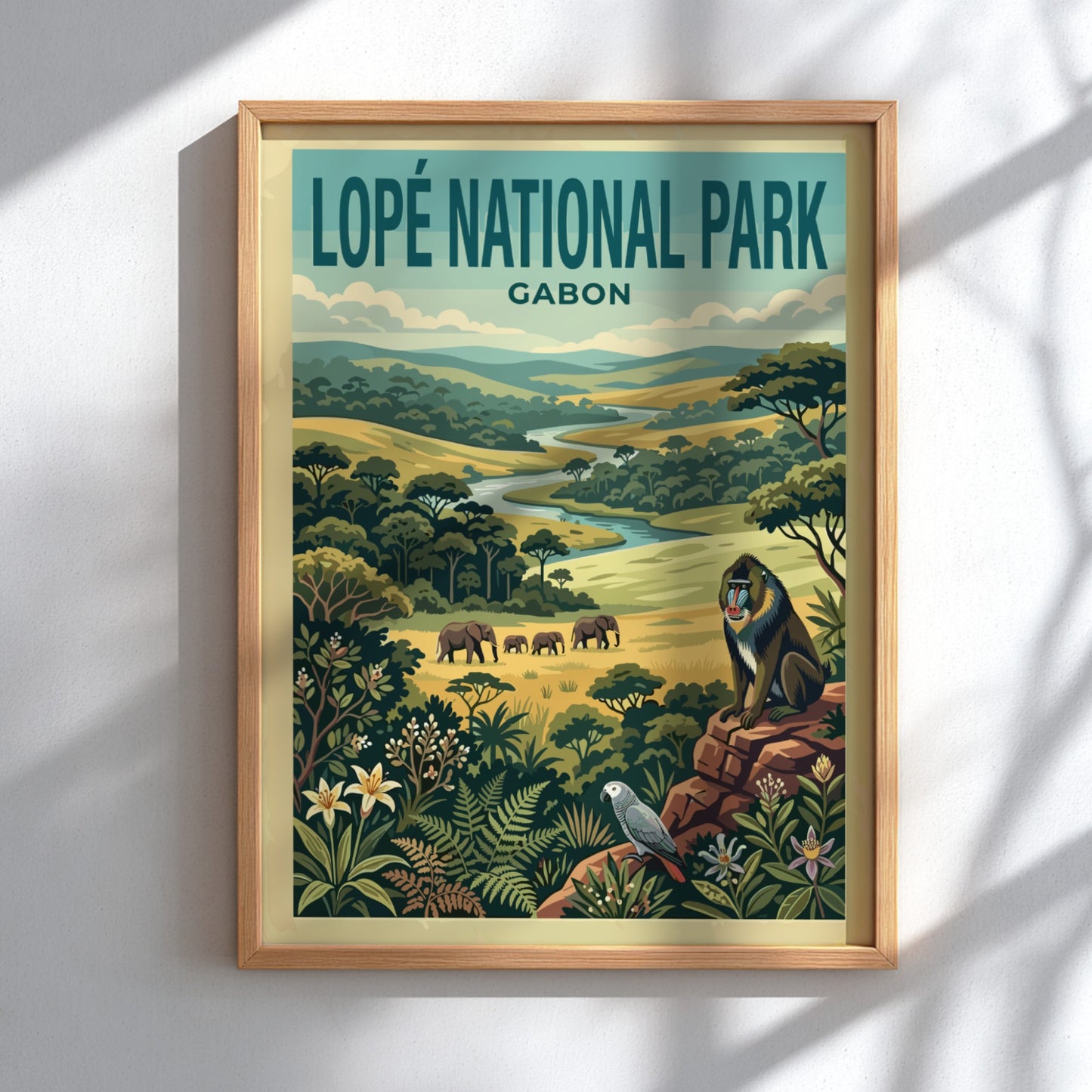 Lopé National Park poster featuring elephants, baboon, and lush greenery in vintage style