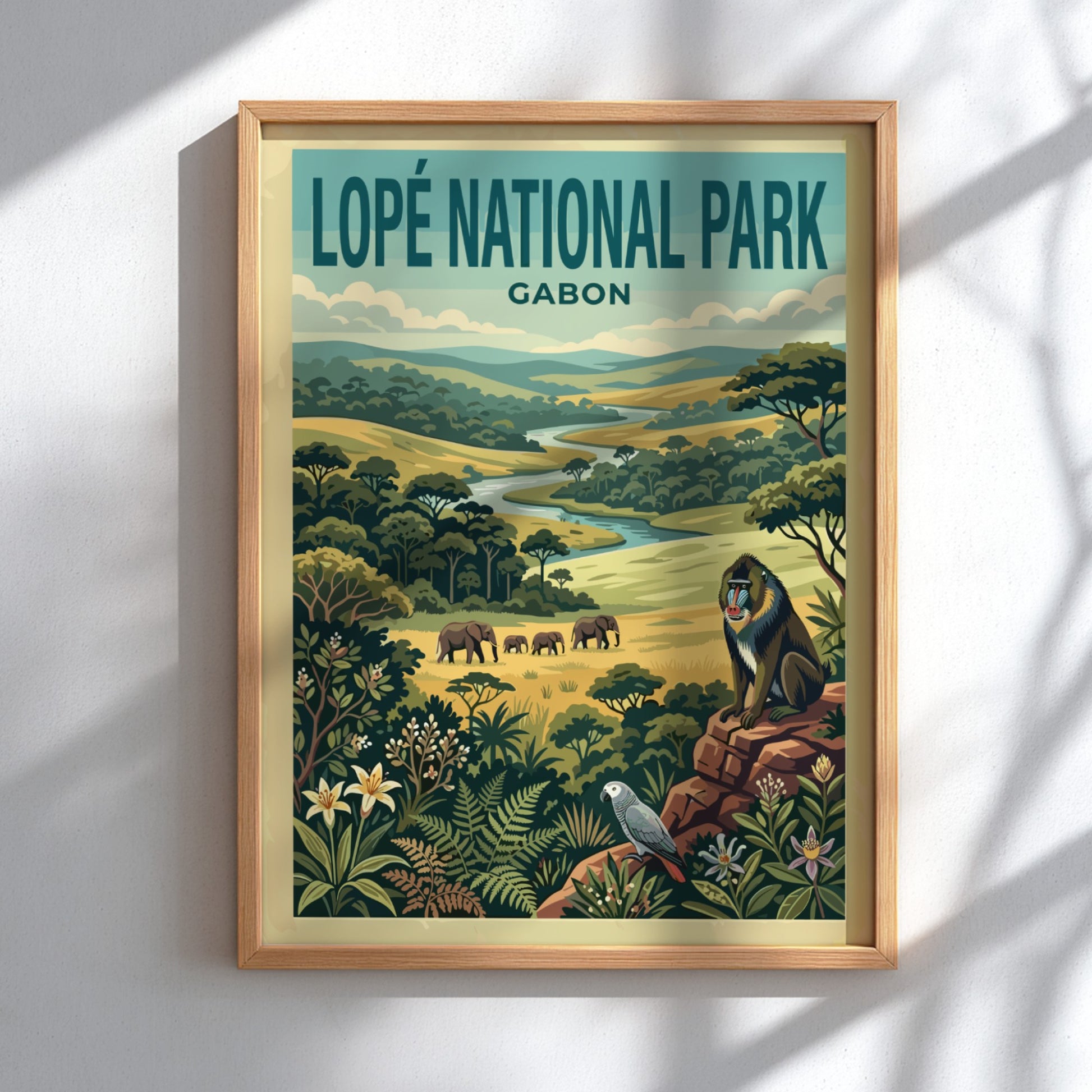 Lopé National Park poster featuring elephants, baboon, and lush greenery in vintage style