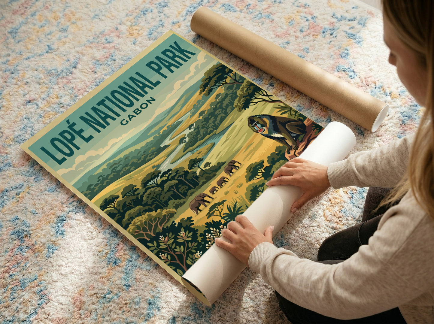 Lopé National Park poster featuring elephants, baboon, and lush greenery in vintage style